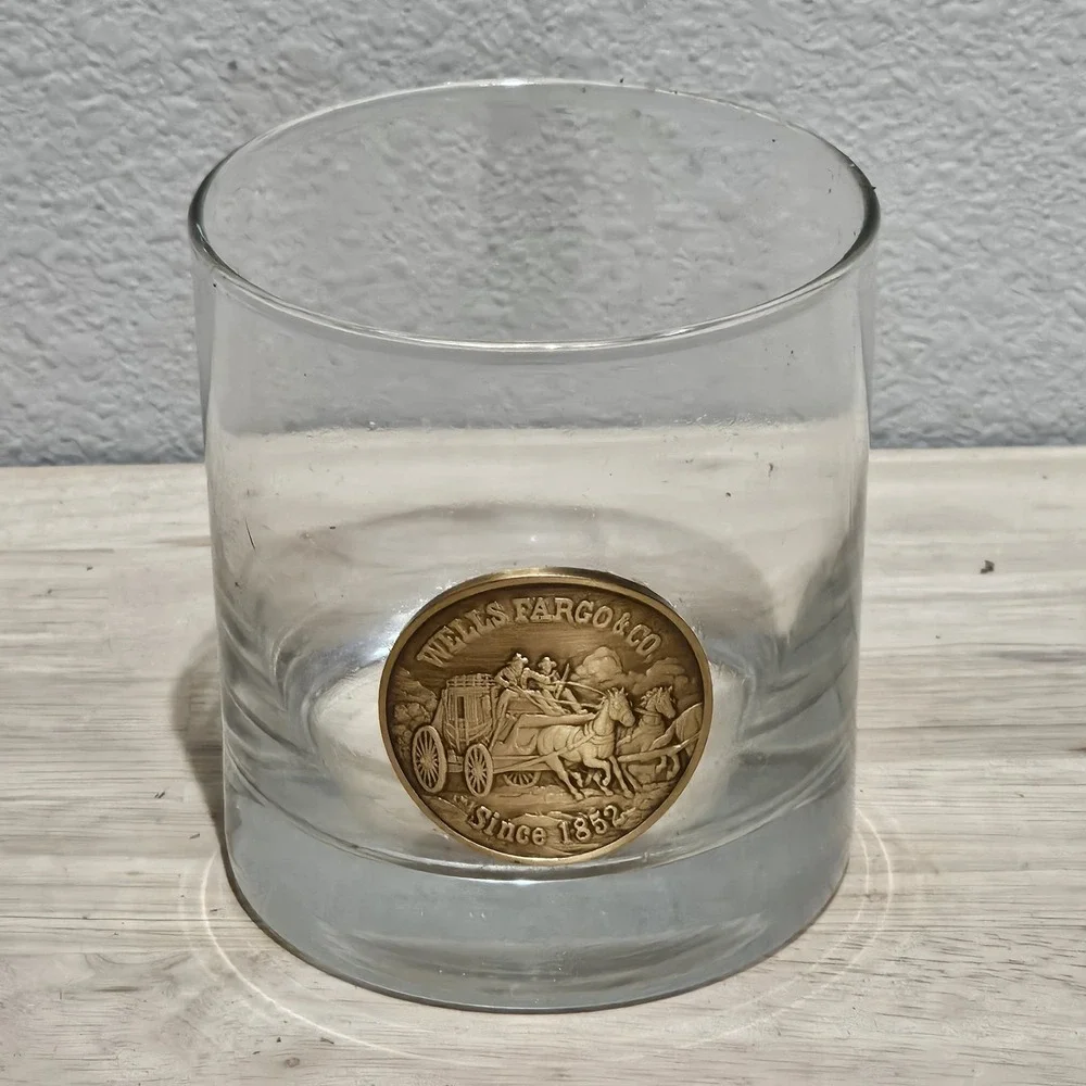 Wells Fargo Cocktail Glass Banking  Memorabilia Stagecoach Bronze Medallion